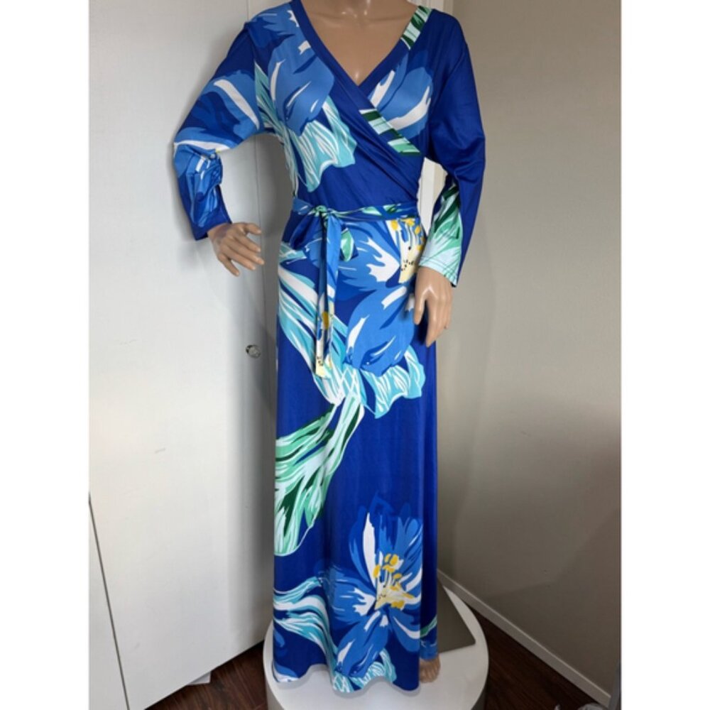 Women's Unbranded V-neck stretch knit Maxi Dress tie Size XL Blue Floral Print